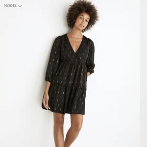 Metallic Jacquard Faux-Wrap Tiered Mini Dress